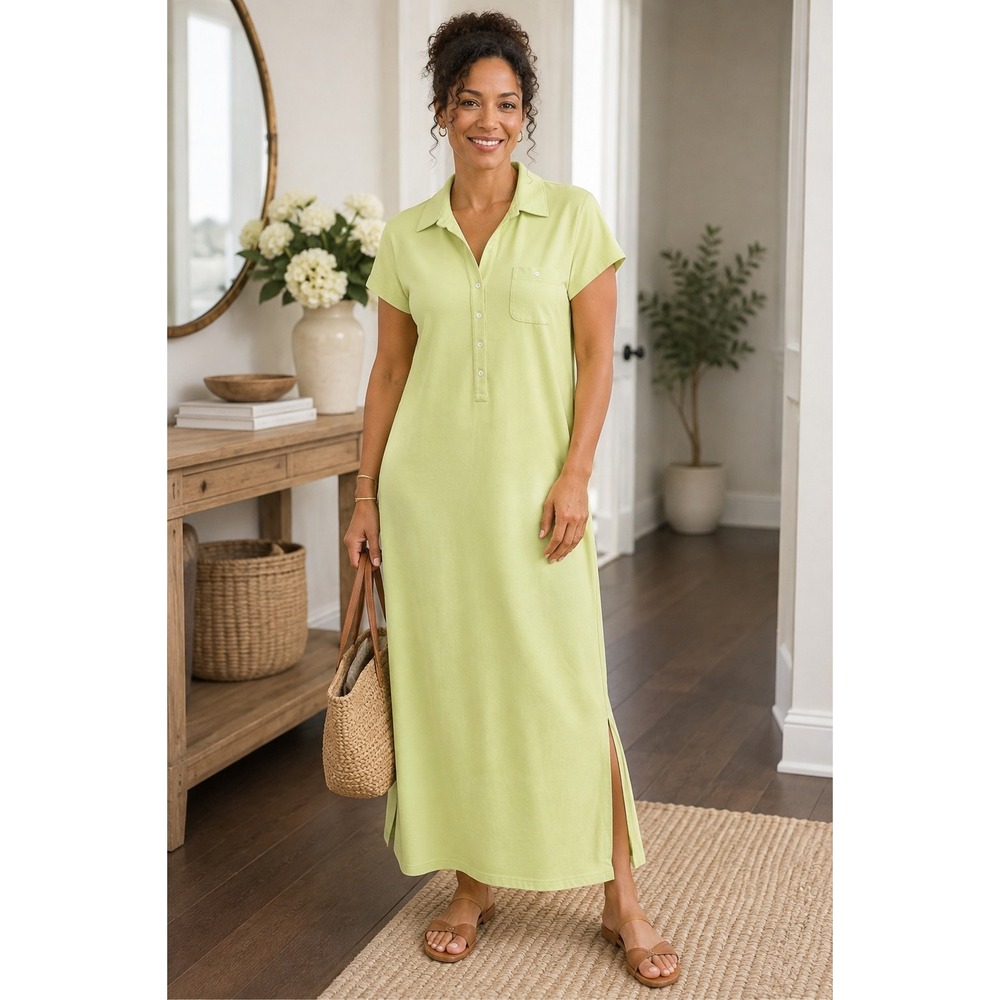Talbots Women's Medium Green Polo Midi Dress Collared Preppy Side Slit Casual